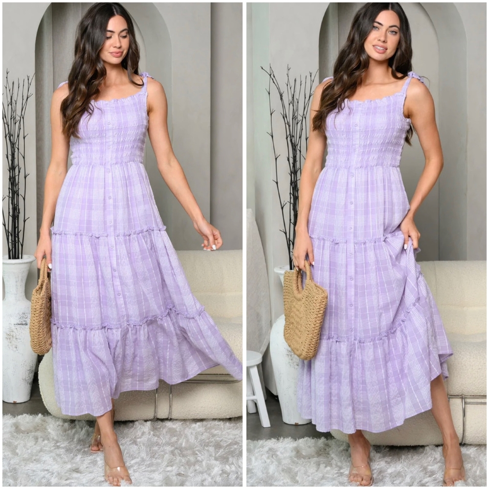 Edit By Nine Lavender Plaid Tiered Maxi Dress - Picture 6 of 7
